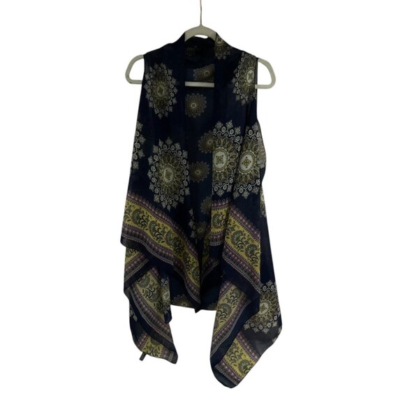 SAX Womens Sheer Vest Mandala Print Navy Blue Yellow Acrylic Open Front Bohemian - Picture 1 of 9